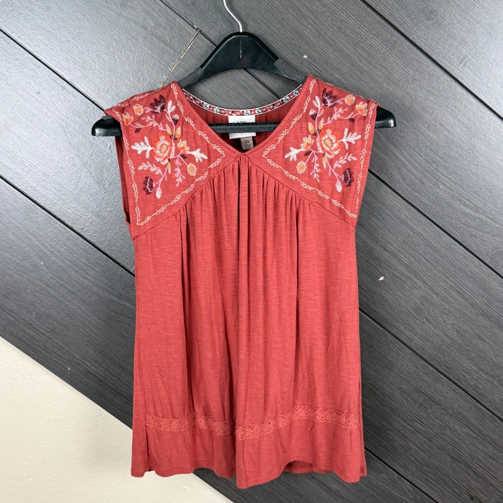 Knox Rose Women's XS Rust Embroidered Babydoll Tunic Top Boho Peasant Western